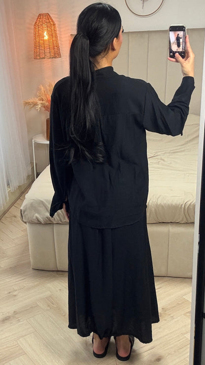 Two-Piece Set with Tie Sleeves and A-Line Skirt – Viscose Blend