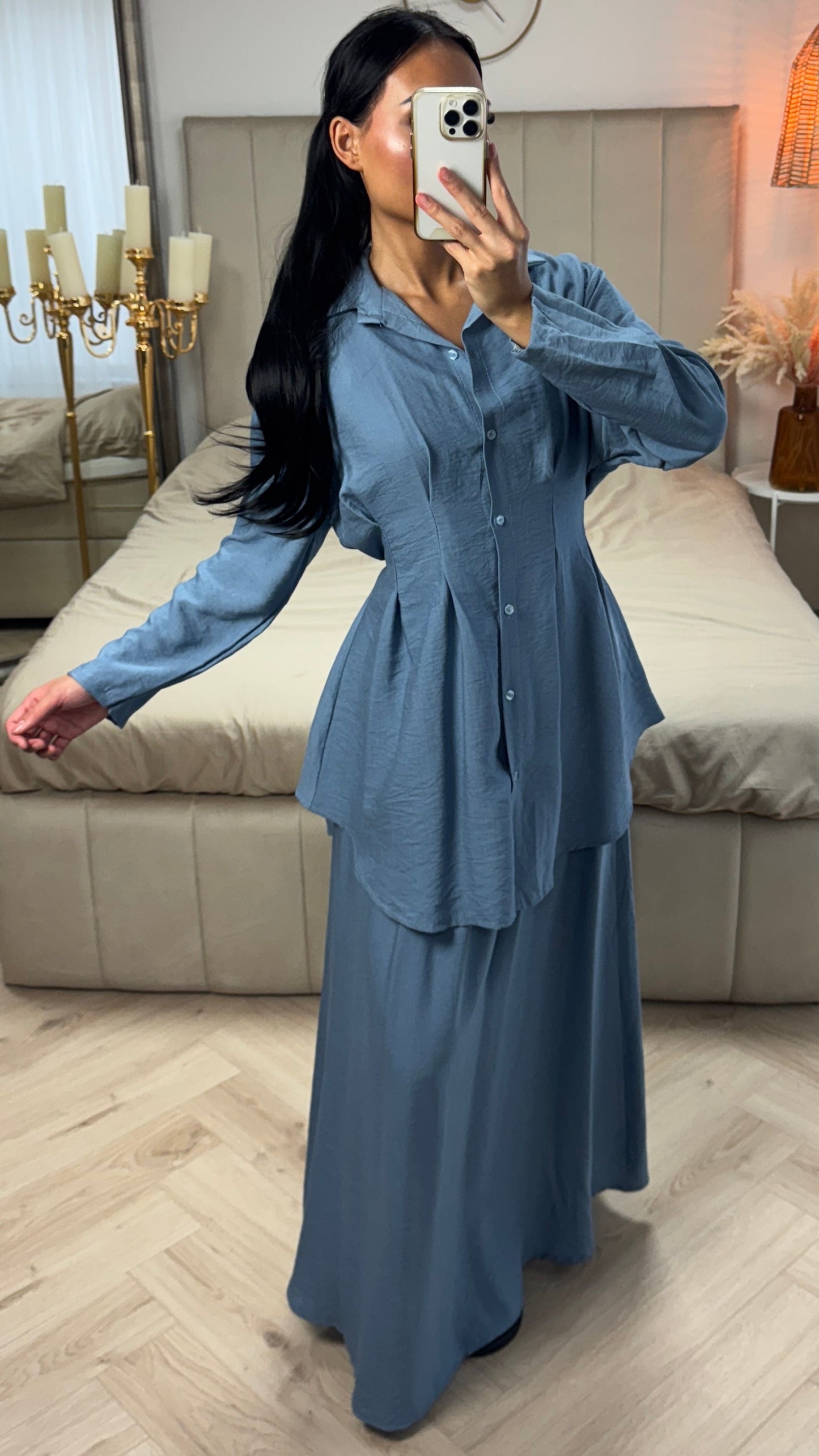 Two-Piece Set with Belt and A-Line Skirt – Viscose Blend