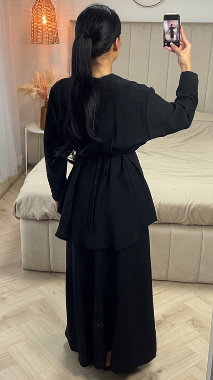 Two-Piece Set with Belt and A-Line Skirt – Viscose Blend