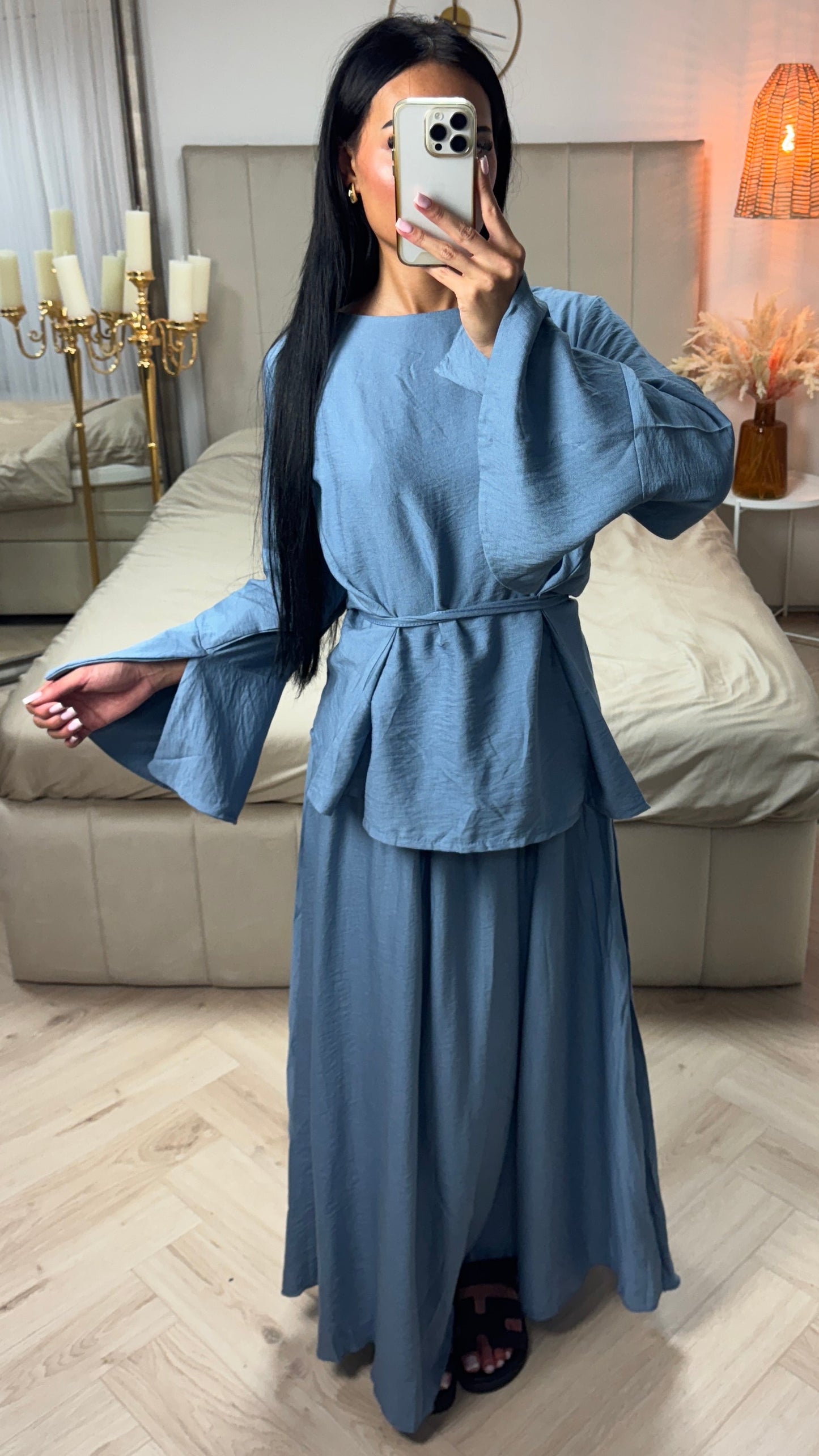 Two-Piece Set with Viscose-Blend Top and Maxi Skirt