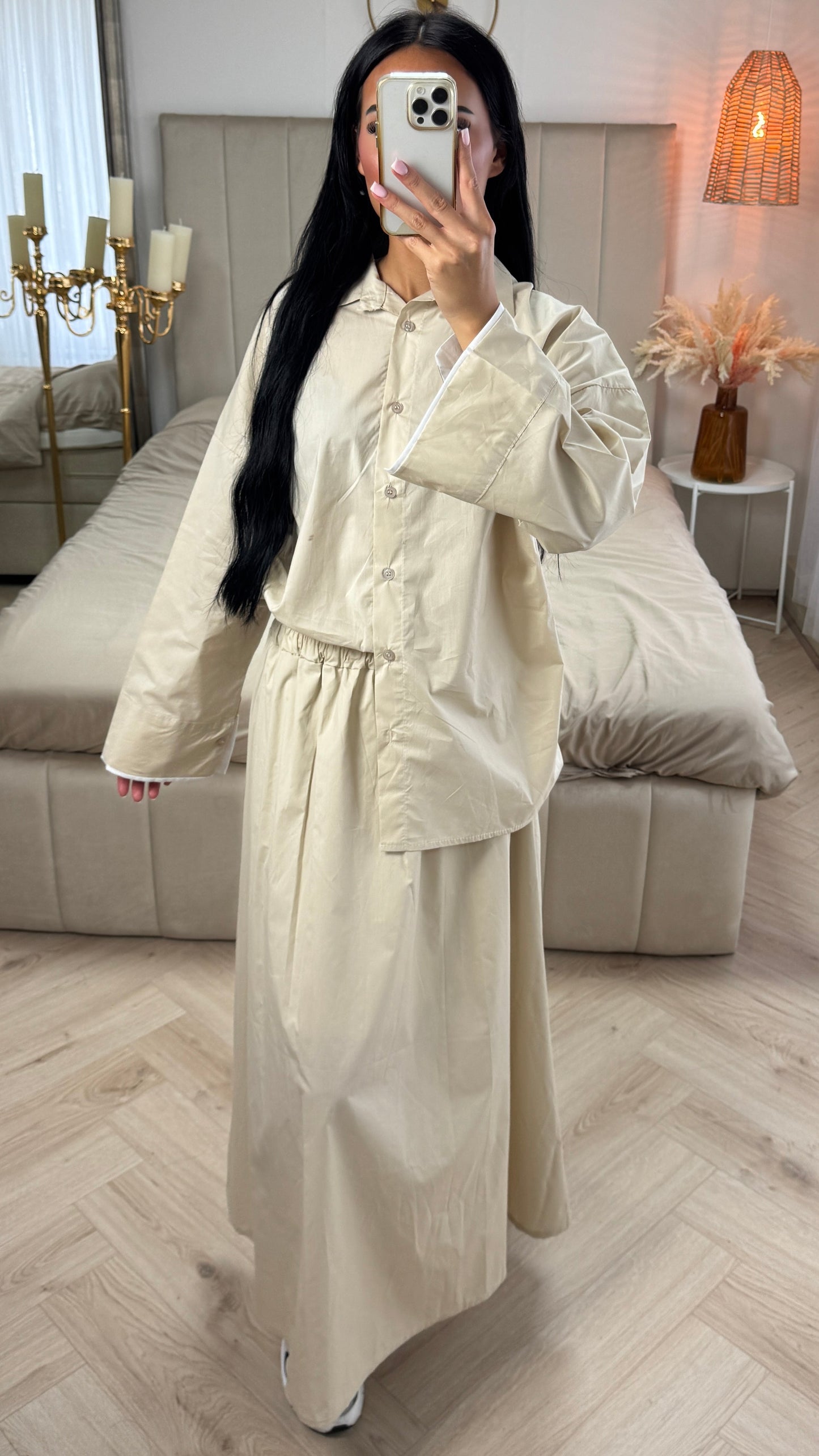 Two-Piece Cotton Set with Wide Sleeves and Skirt with Waistband