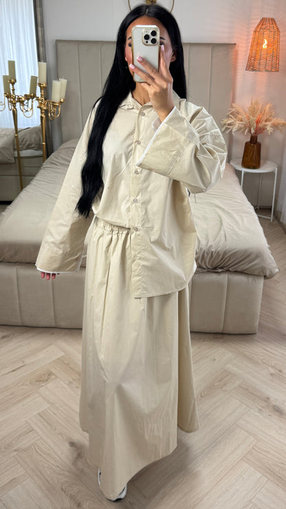 Two-Piece Cotton Set with Wide Sleeves and Skirt with Waistband