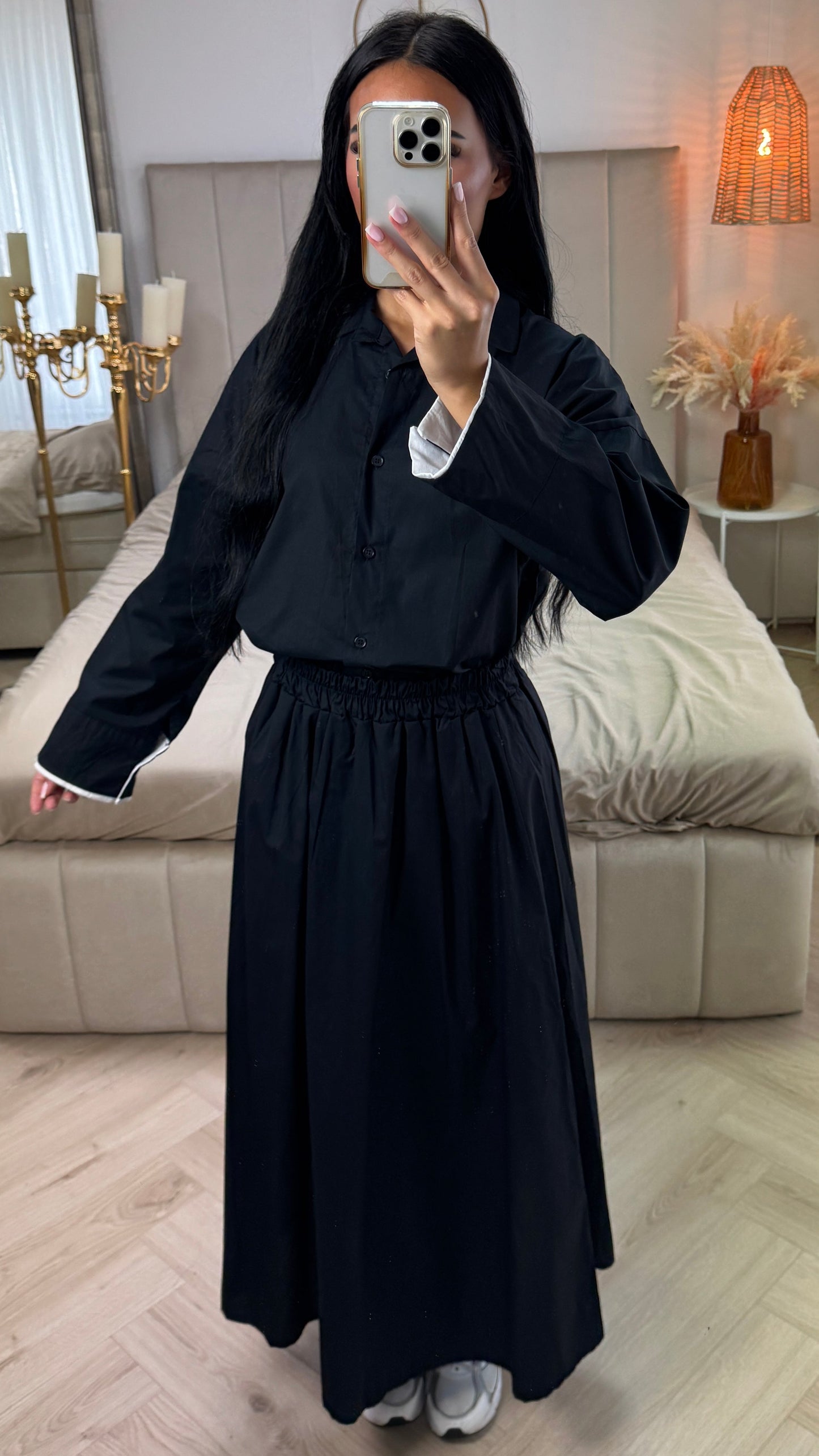 Two-Piece Cotton Set with Wide Sleeves and Skirt with Waistband