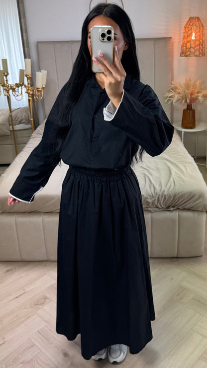 Two-Piece Cotton Set with Wide Sleeves and Skirt with Waistband