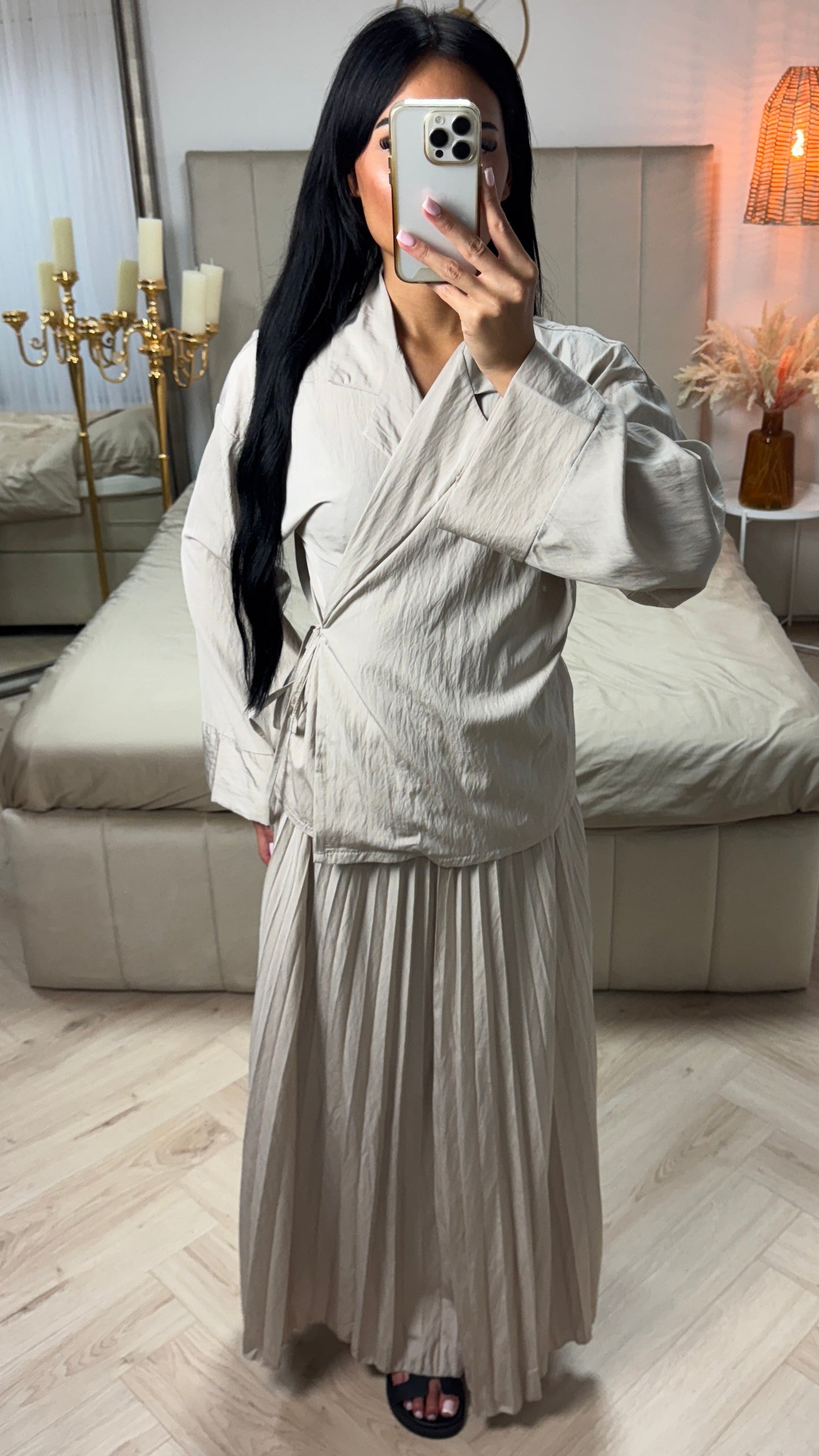 Two-Piece Viscose Blend Set with Wrap Top and Pleated Skirt