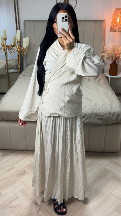 Two-Piece Viscose Blend Set with Wrap Top and Pleated Skirt