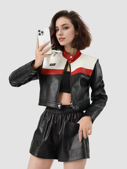 Color-block faux leather jacket