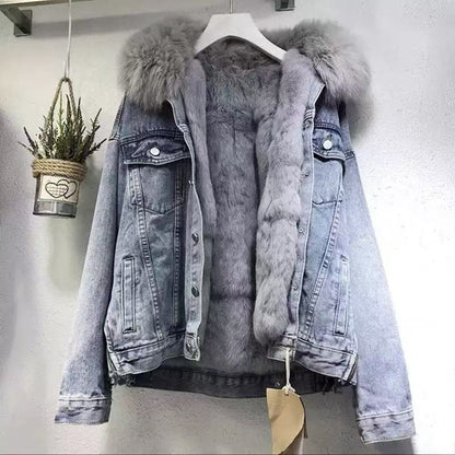 Light blue fur-lined hooded denim jacket