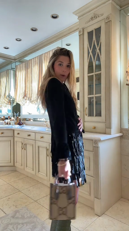 Black Fringe - Trimmed Coat and Mini Dress Set