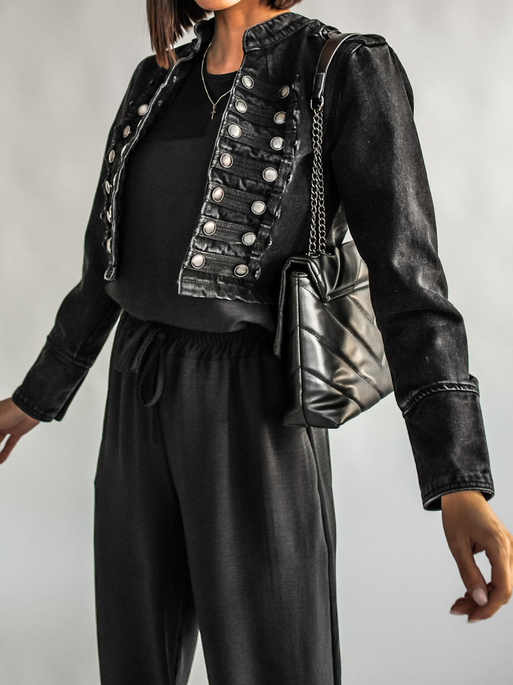 Black Denim Military  Style Jacket