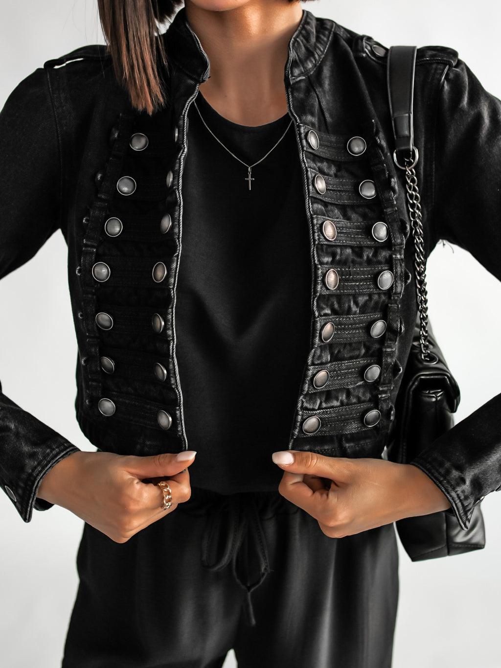 Black Denim Military  Style Jacket