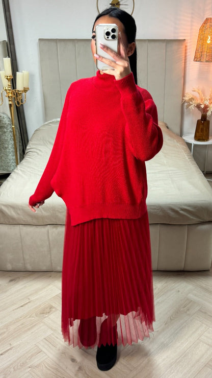 Two-Pieces Set Sweater + V Neck Dress Pleated