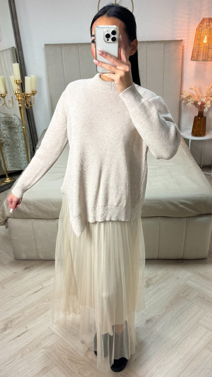 Two-Pieces Set Sweater + V Neck Dress Pleated