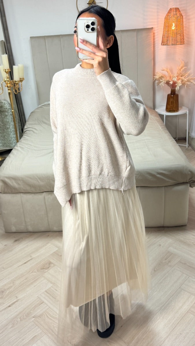 Two-Pieces Set Sweater + V Neck Dress Pleated