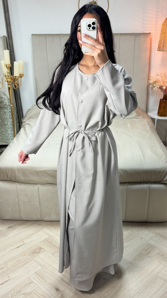 Two-Pieces Set Tie Belt Blouse Button Maxi + Skirt