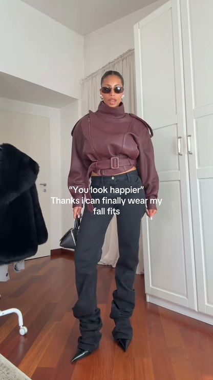 Burgundy Leather Cropped Jacket