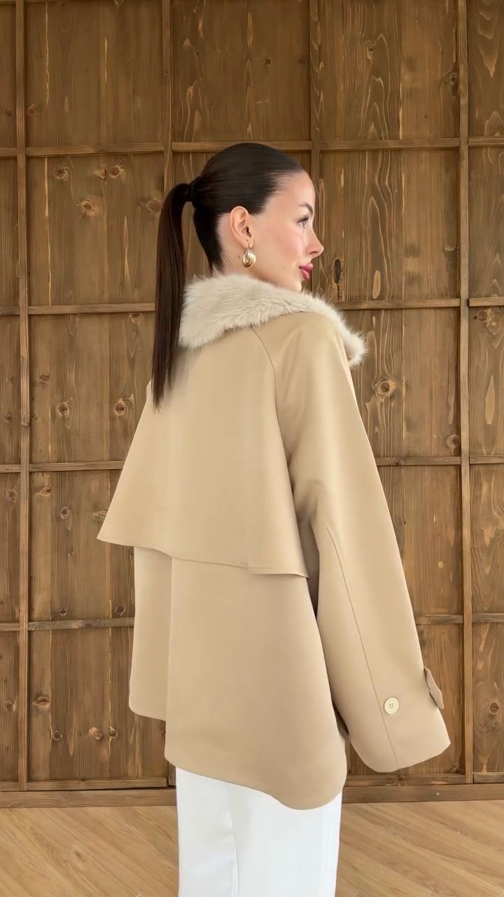 Beige Faux Fur Collar Coat