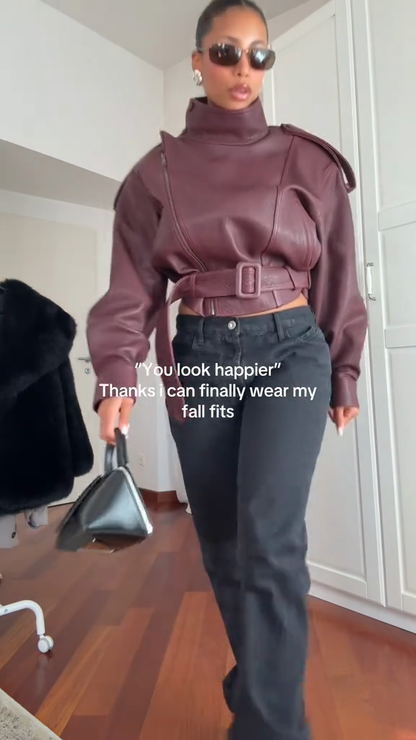 Burgundy Leather Cropped Jacket