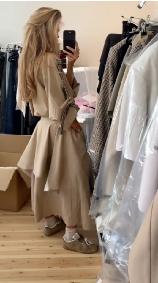 Beige Double - Breasted Trench Coat with Plaid Cuff Detail