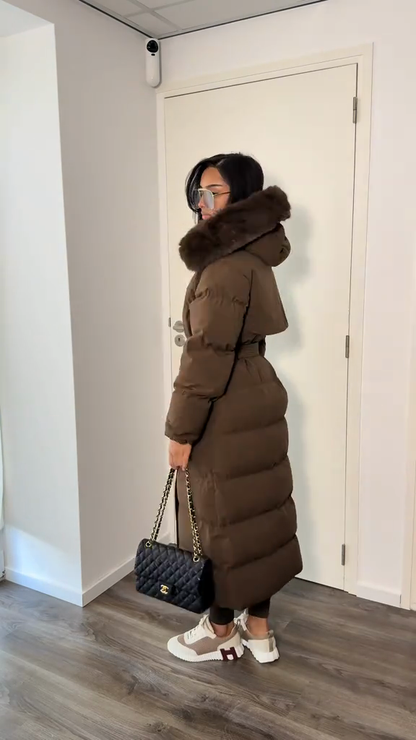 Brown belted down jacket