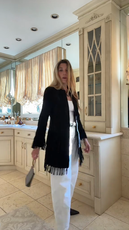 Black Fringe - Trimmed Coat and Mini Dress Set