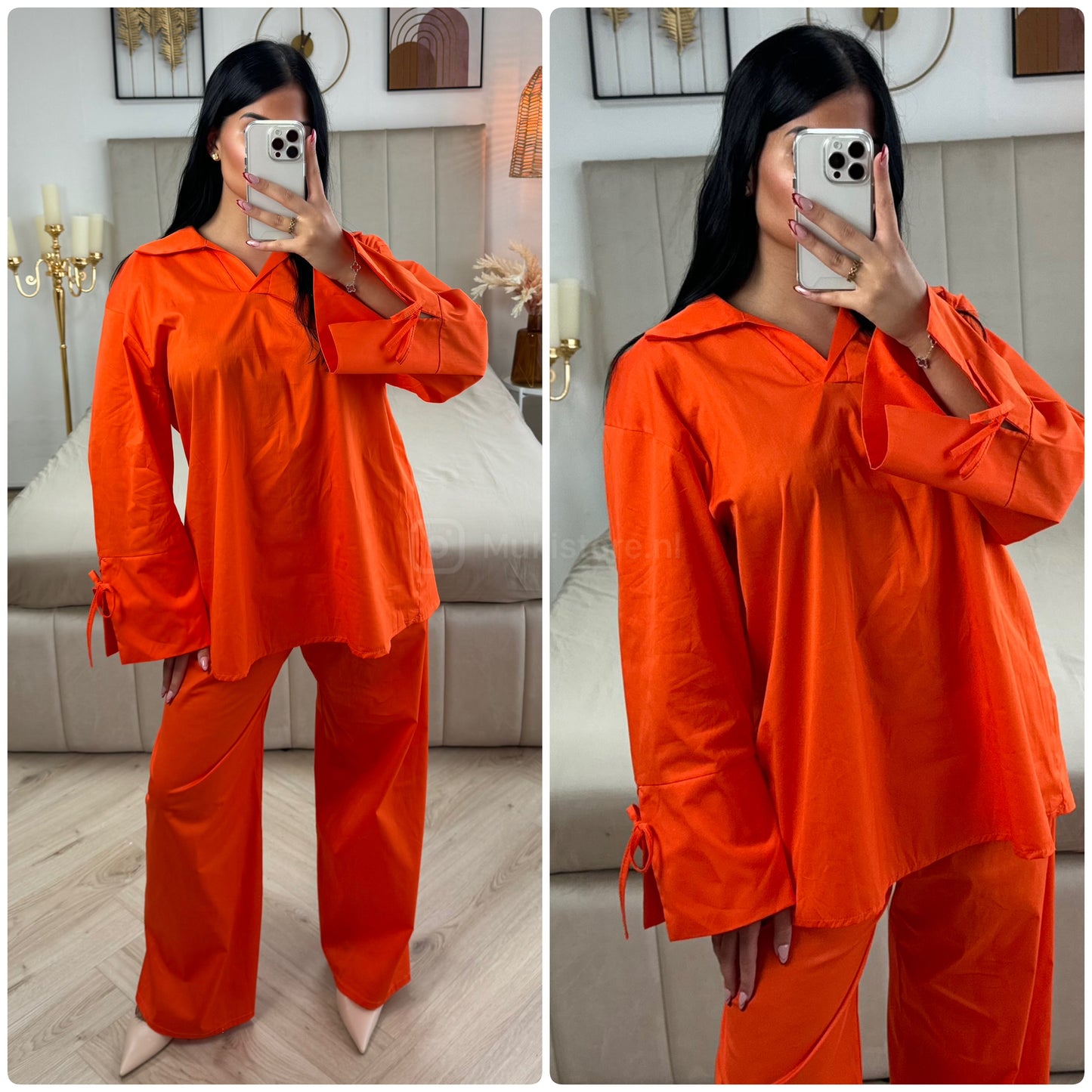 Two-Pieces Set V Neck Slit Sleeve Tie Detail + Wide Leg