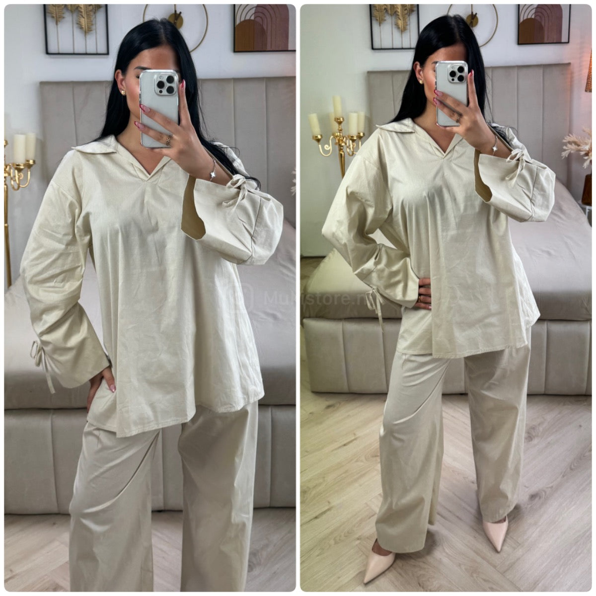 Two-Pieces Set V Neck Slit Sleeve Tie Detail + Wide Leg