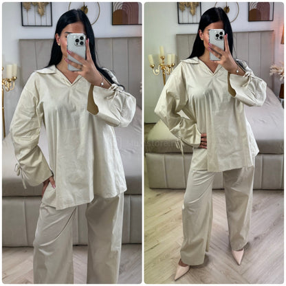 Two-Pieces Set V Neck Slit Sleeve Tie Detail + Wide Leg