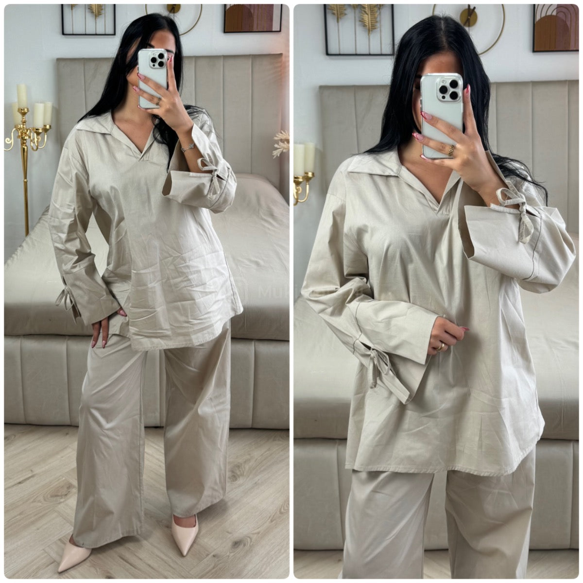 Two-Pieces Set V Neck Slit Sleeve Tie Detail + Wide Leg