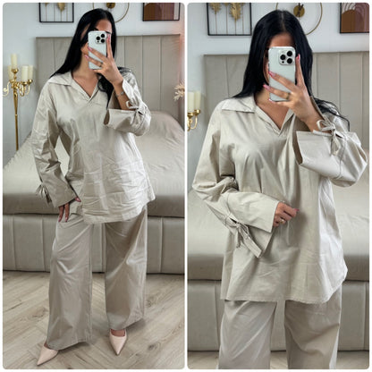 Two-Pieces Set V Neck Slit Sleeve Tie Detail + Wide Leg