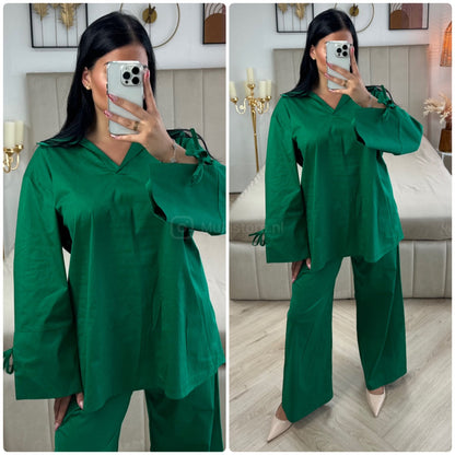 Two-Pieces Set V Neck Slit Sleeve Tie Detail + Wide Leg