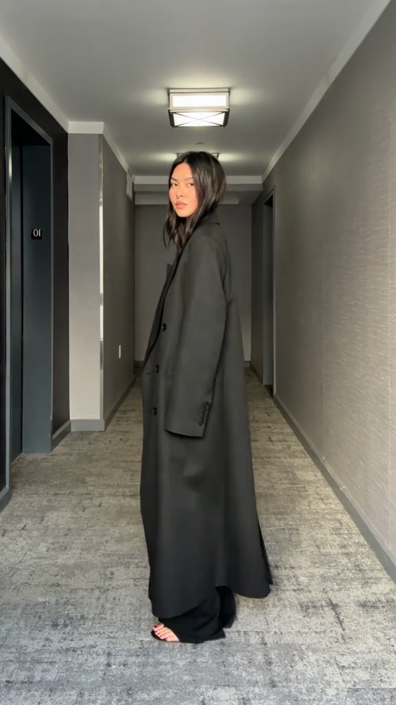 Black double-breasted maxi coat