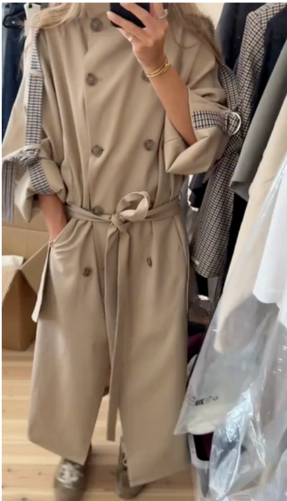 Beige Double - Breasted Trench Coat with Plaid Cuff Detail