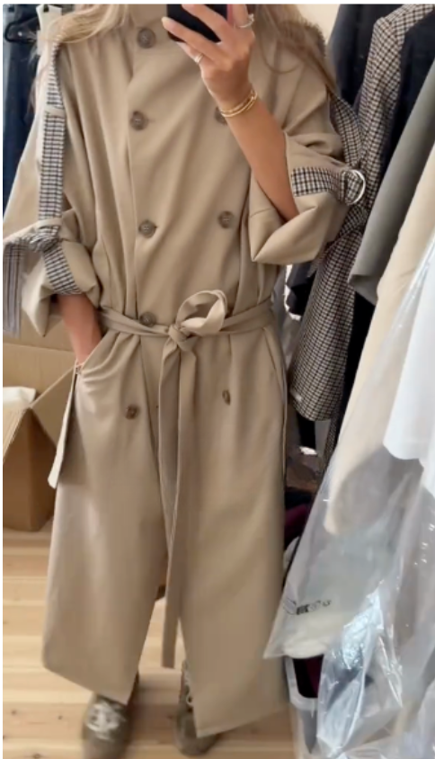 Beige Double - Breasted Trench Coat with Plaid Cuff Detail