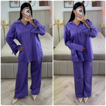 Two-Pieces Set V Neck Slit Sleeve Tie Detail + Wide Leg