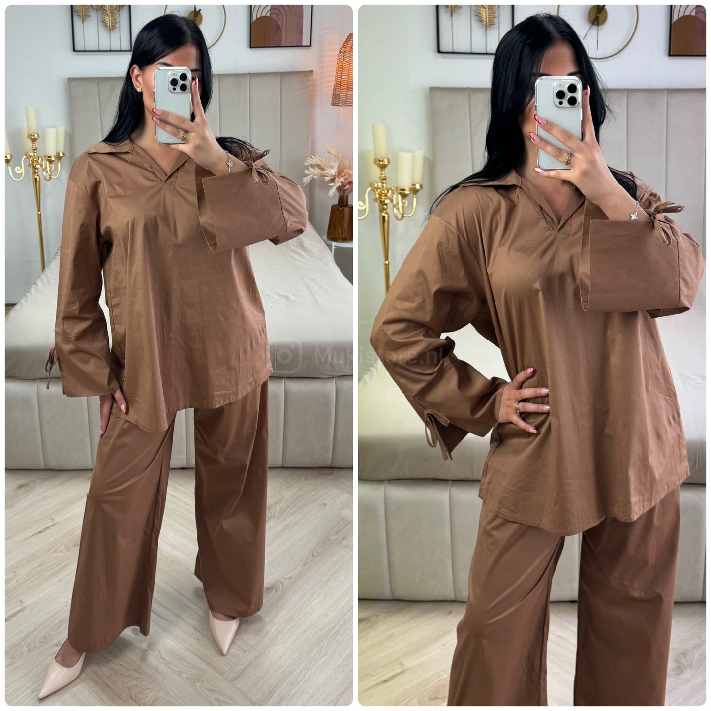 Two-Pieces Set V Neck Slit Sleeve Tie Detail + Wide Leg