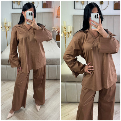 Two-Pieces Set V Neck Slit Sleeve Tie Detail + Wide Leg