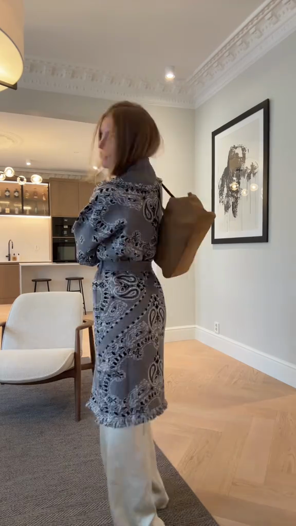 Grey Paisley - Print Fringe - Trimmed Belted Coat