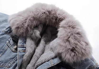 Light blue fur-lined hooded denim jacket