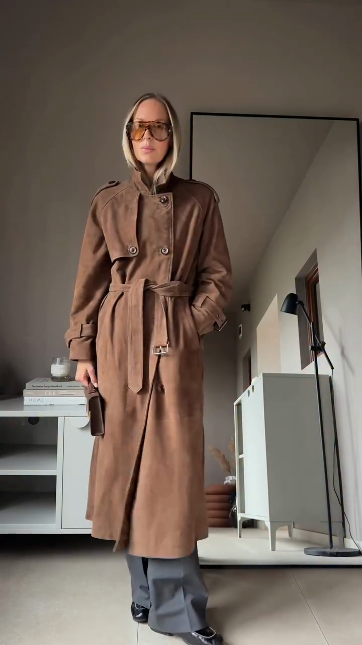 Brown faux suede trench coat