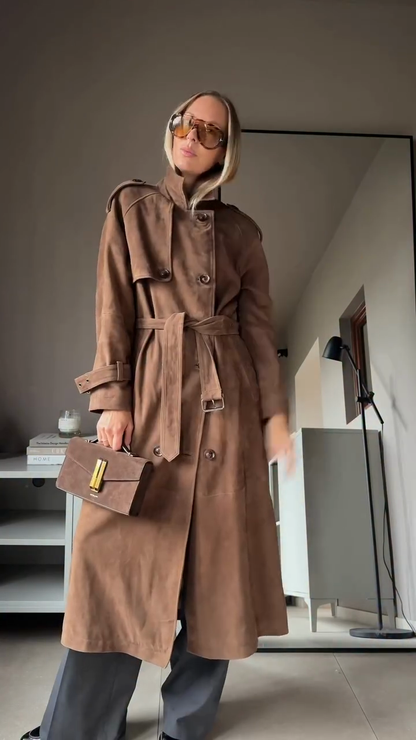 Brown faux suede trench coat