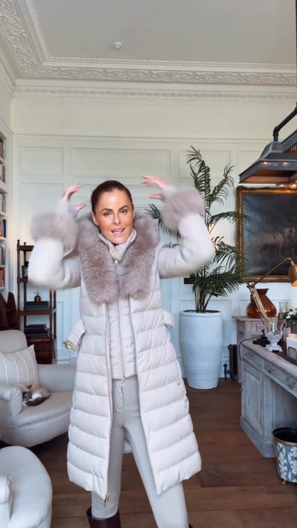 Beige belted down jacket