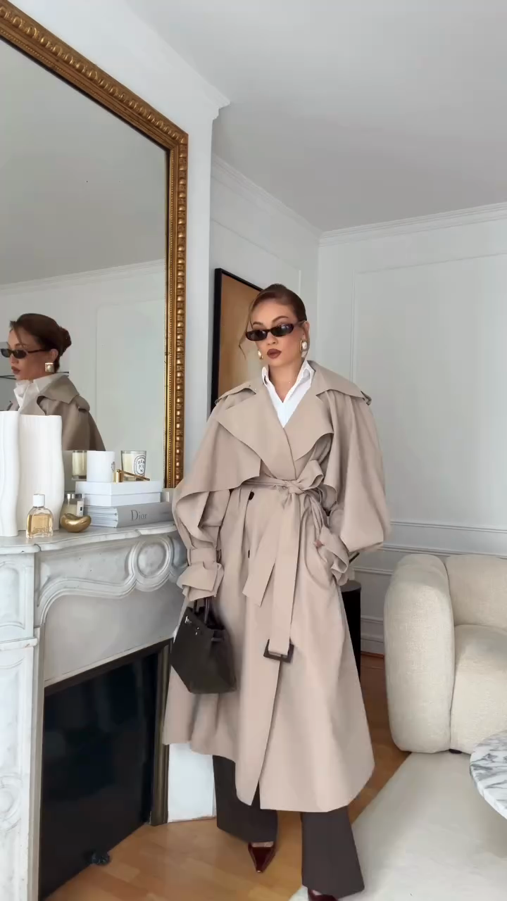 Oversized beige trench coat