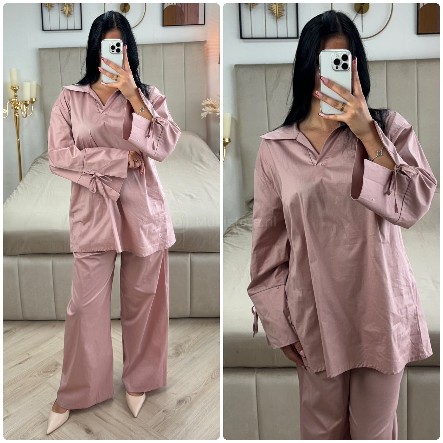 Two-Pieces Set V Neck Slit Sleeve Tie Detail + Wide Leg