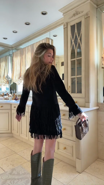 Black Fringe - Trimmed Coat and Mini Dress Set