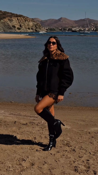 Leopard Print Fur Collar Bomber Jacket