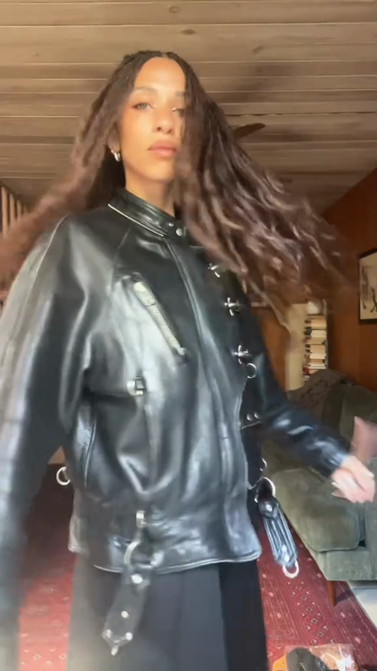 Black Leather Biker Jacket with Buckle Detailing