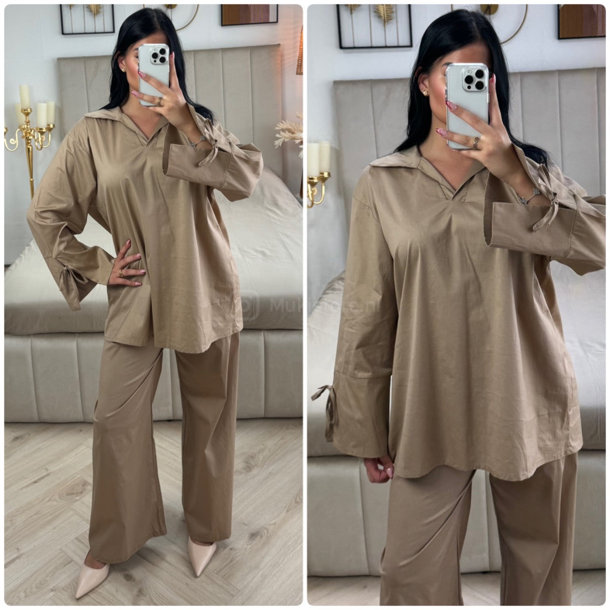 Two-Pieces Set V Neck Slit Sleeve Tie Detail + Wide Leg