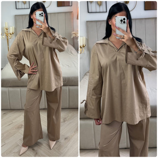 Two-Pieces Set V Neck Slit Sleeve Tie Detail + Wide Leg