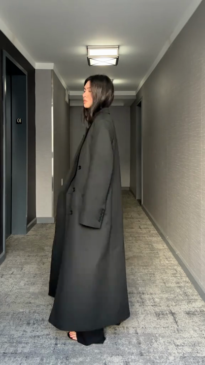 Black double-breasted maxi coat